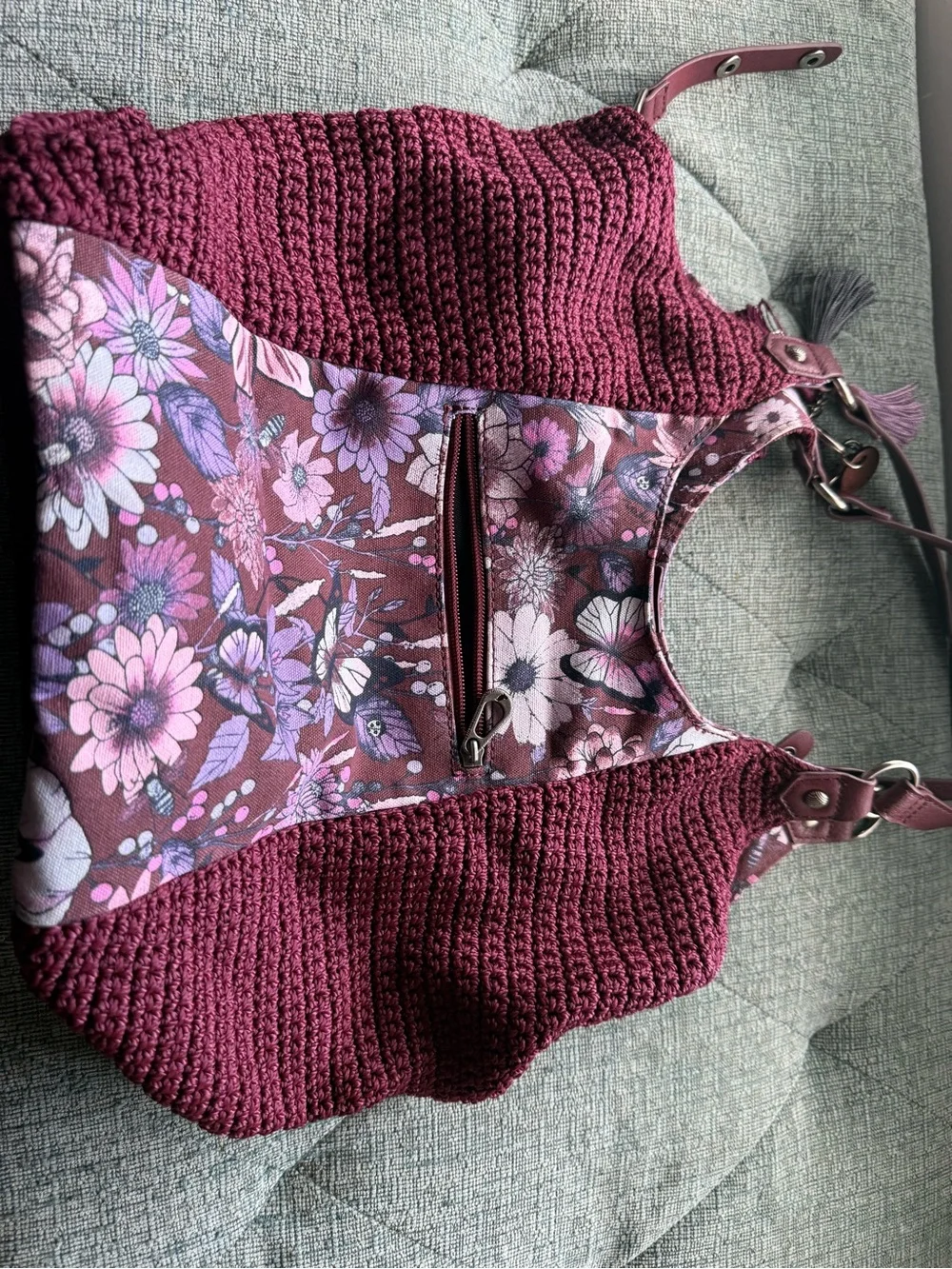 Sakroots Burgundy and Pink Floral Crochet Hobo Bag